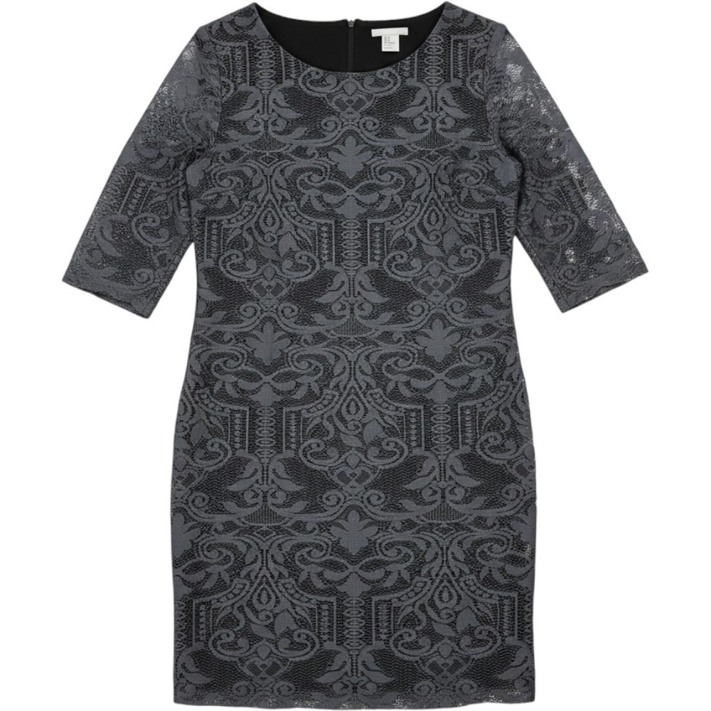 HM‎ Womens Charcoal Grey Black Damask Lace Sheath Dress Elbow Sleeve Size M